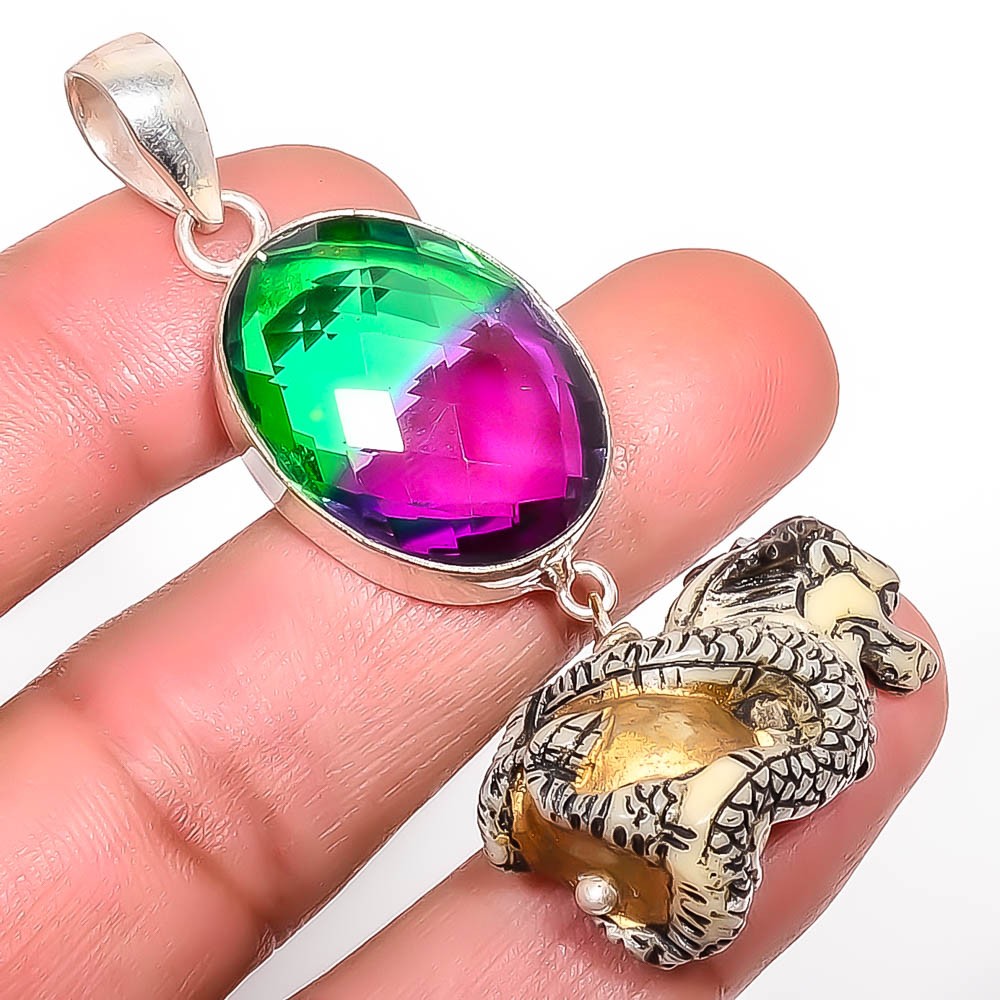 Bi Color Tourmaline Gemstone 925 Silver Plated Pendant 2.38″ P1506-31