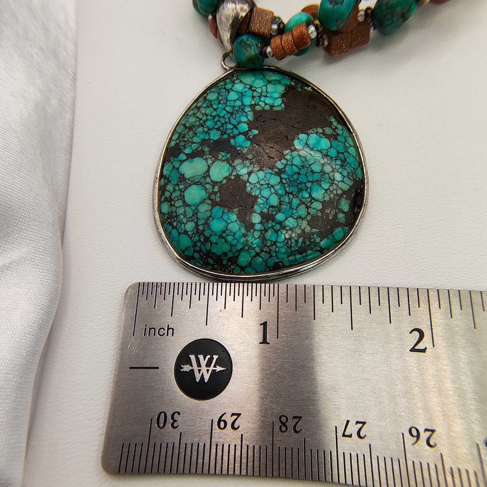Faux Turquoise Pendant Necklace 925 Sterling Glitter Copper Color Bead Boho