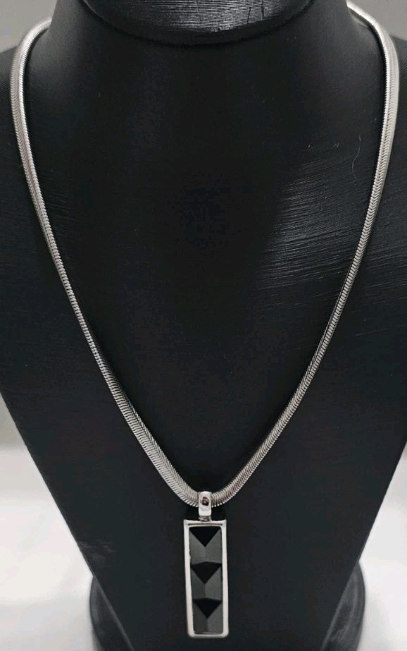 WHBM Reversible Black Onyx Crystal Rhinestone Bar Pendant Necklace Snake Chain