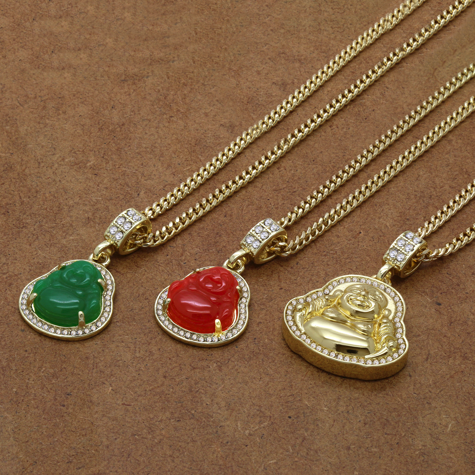 14k Gold Plated G, R Buddha 3 Pendant Cubic-Zirconia 30 30 24 Cuban Chain