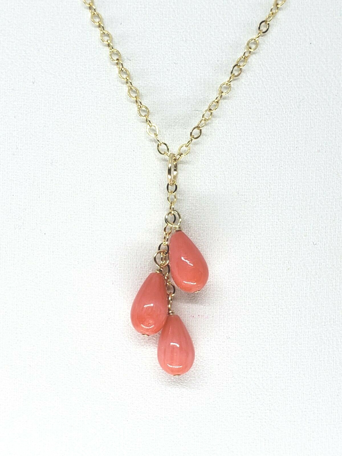 14k Yellow Gold Pink Coral Teardrop Cluster Waterfall Pendant
