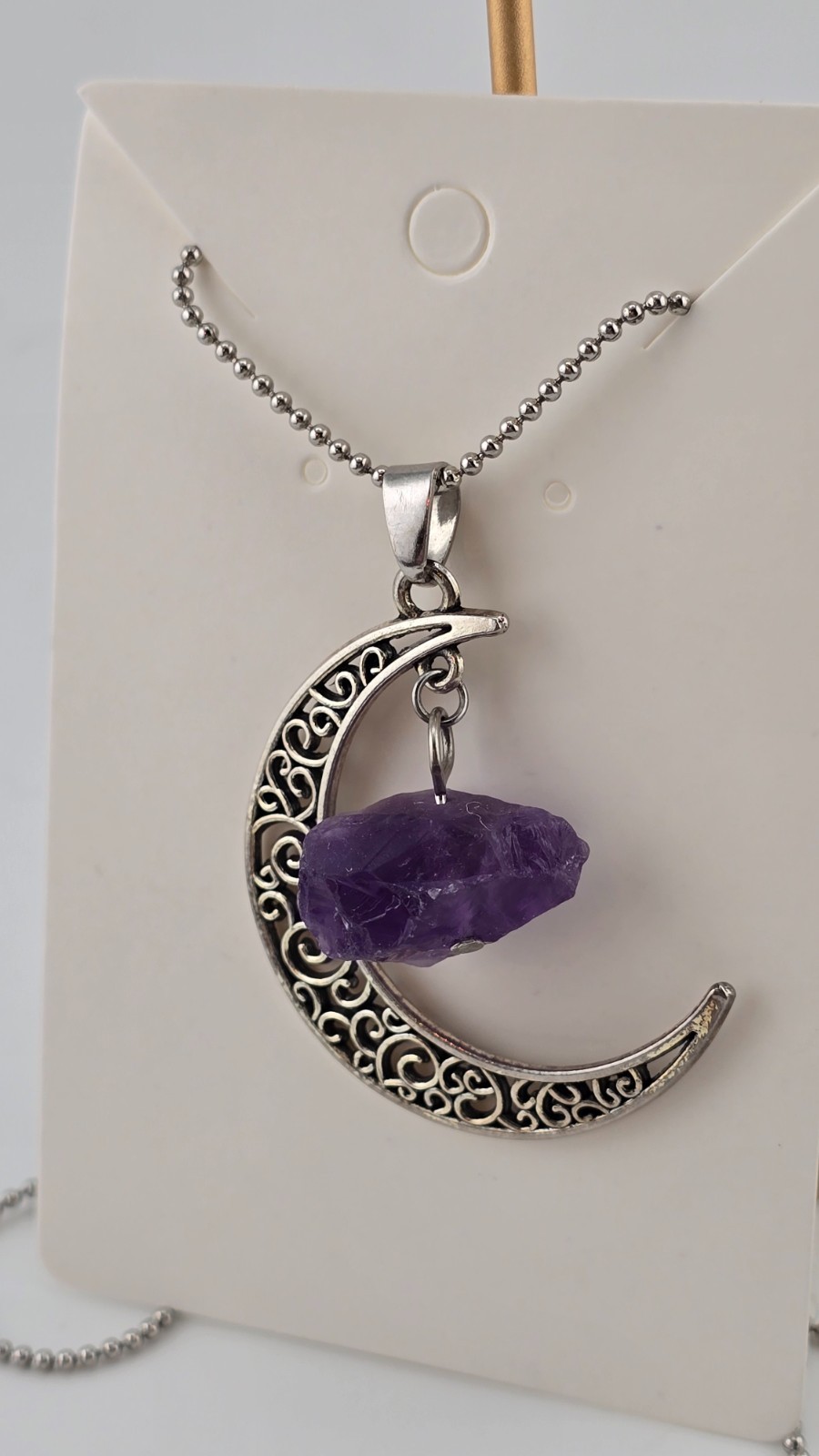 Crescent Moon Necklace with raw amethyst stone dangle, Silver Tone Crescent Moon