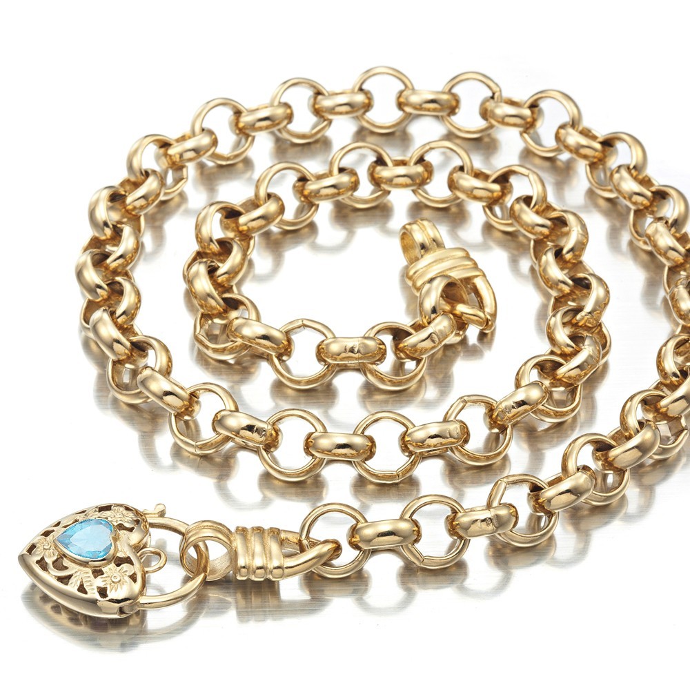 18K GL Thick Solid Rolo Yellow Gold Necklace Filigree Heart Padlock Topaz Blue