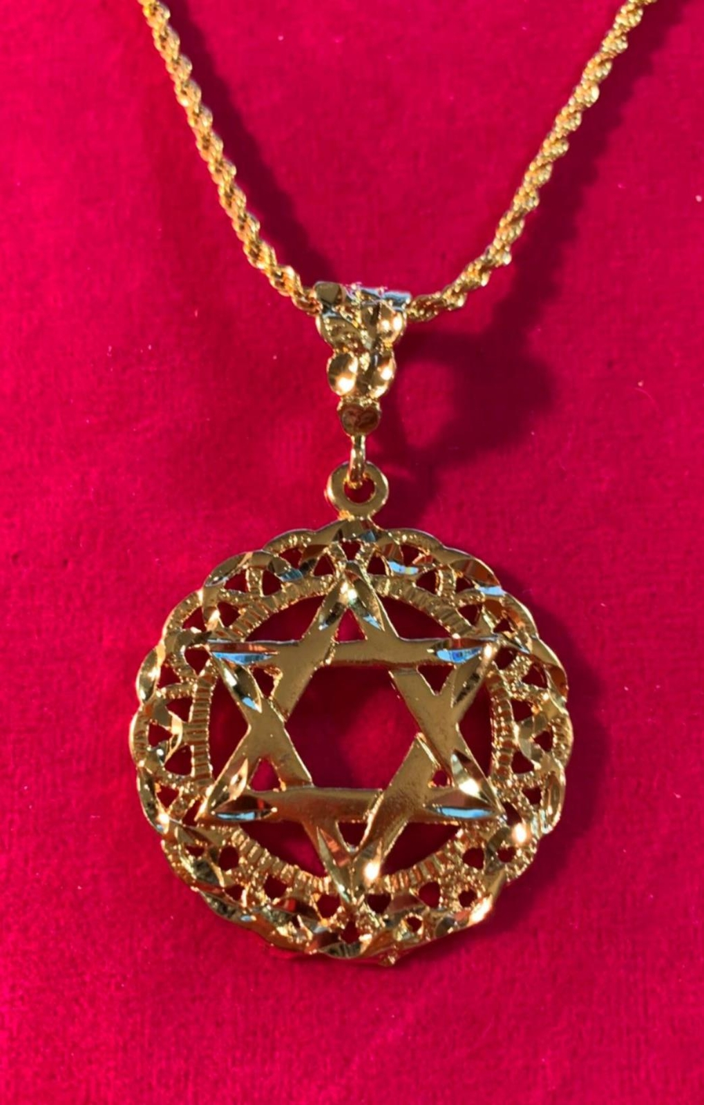 14 KT GOLD PLATED JEWISH STAR CHARM OVER 2″ HIGH & 16″ 2.5MM ROPE CHAIN 4542