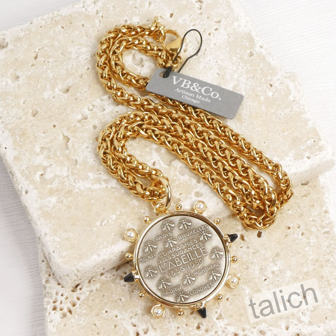 Designer VB&CO Vintage Style Pearl Accent French Bee Coin Pendant Necklace Chic