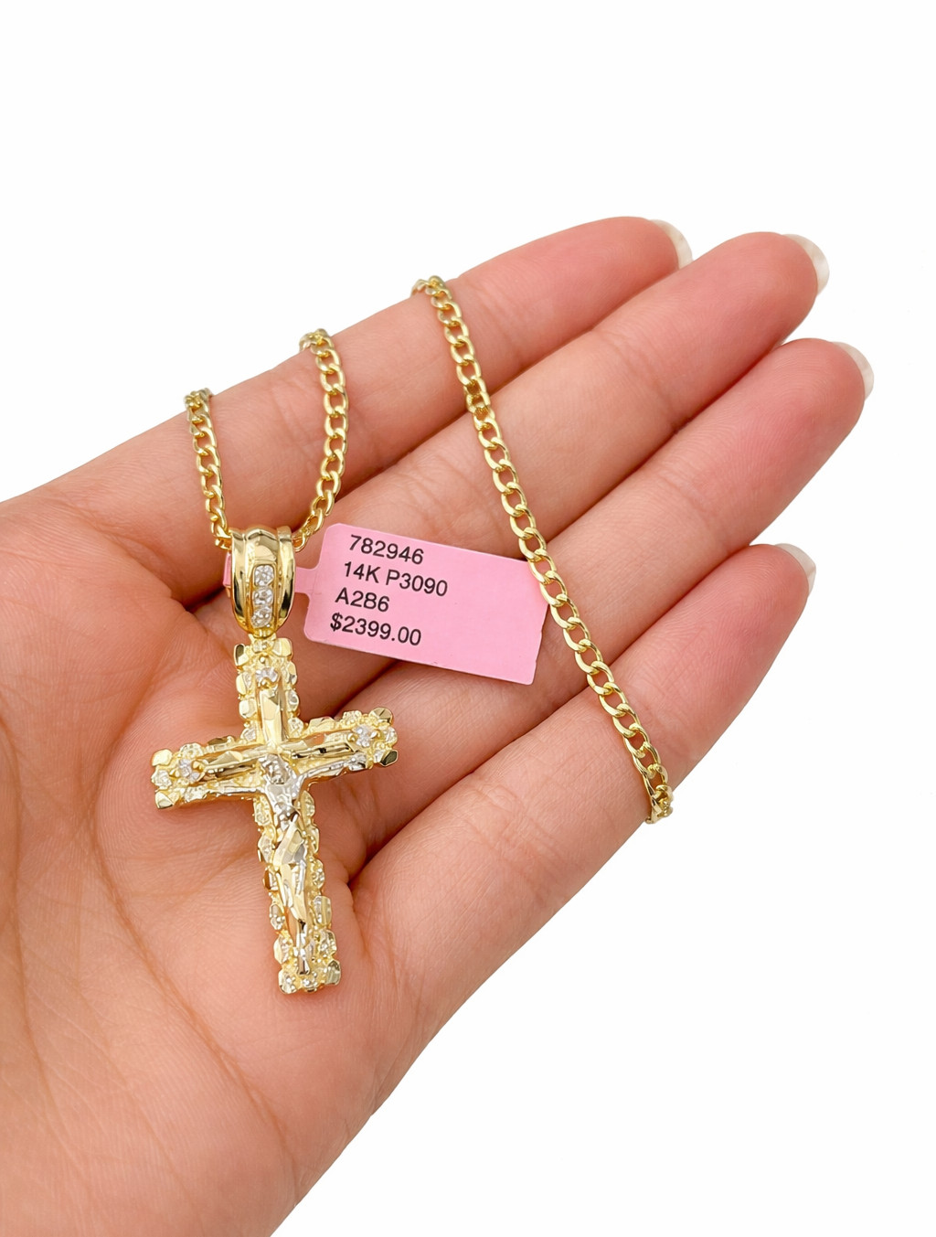 REAL 14k Cuban Curb Link Necklace Chain Nugget Cross 2.5mm 18 inches Ladies