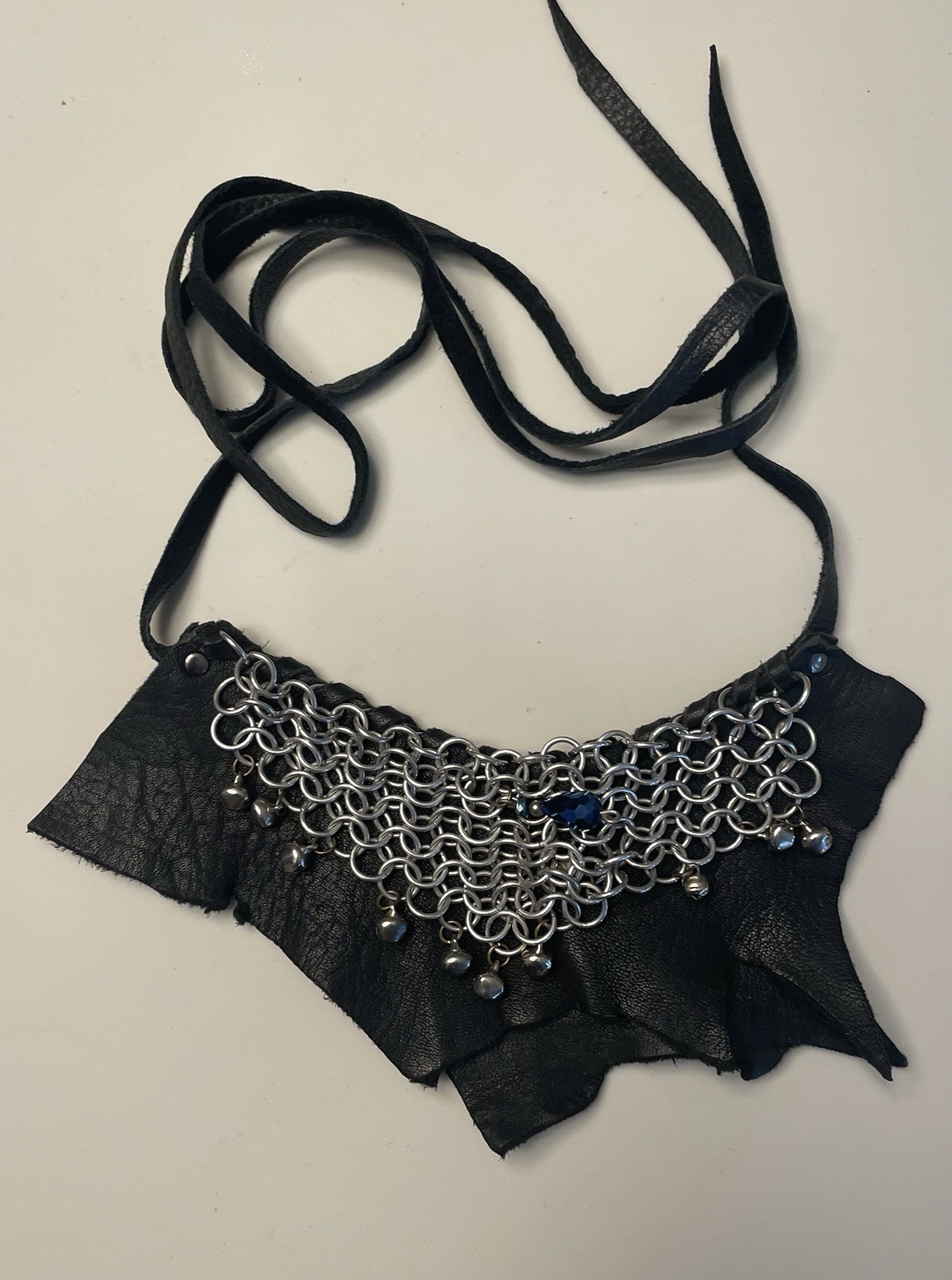 Handmade Leather Bib Style Necklace Tie Back Adjustable Length, Iridescence