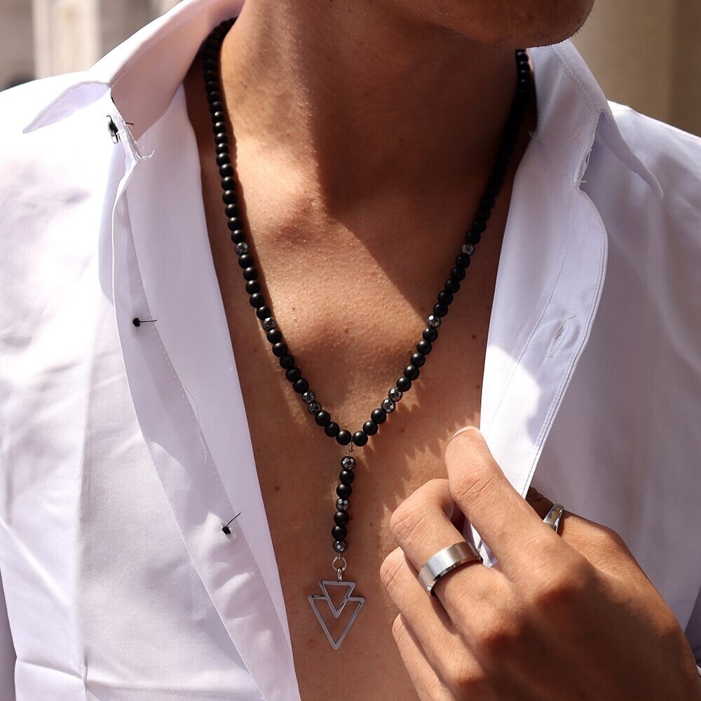 Men’s Fashion Jewelry Lava Stone Beaded Triangle Pendant Minimalist Necklace 343