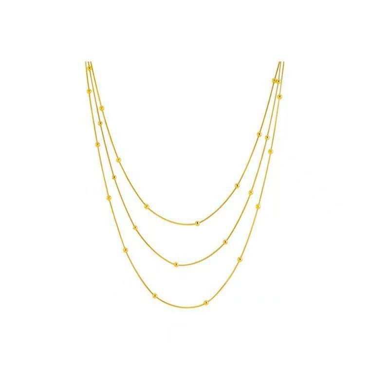 Woman 18K Gold Plated 3 Layers Beaded Snake Chain Necklace Anti-tarnish