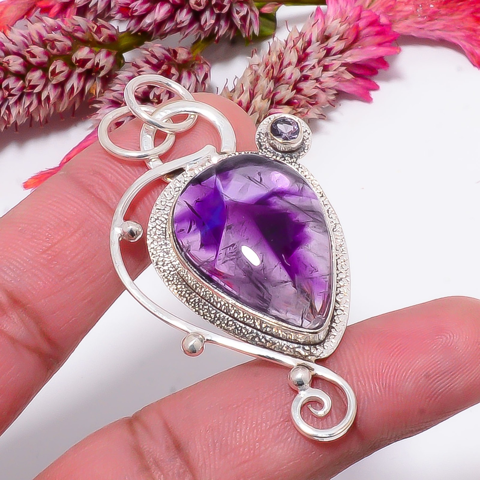 Trapiche Amethyst – Brazil, Purple Amethyst 925 Sterling Silver Pendant 2.26″ S8
