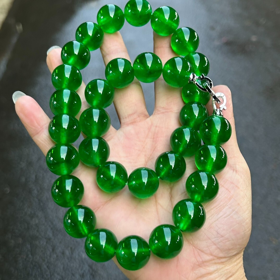 17mm Real Natural Perfect Ice Green Myanmar Beads Jade jadeite Necklaces