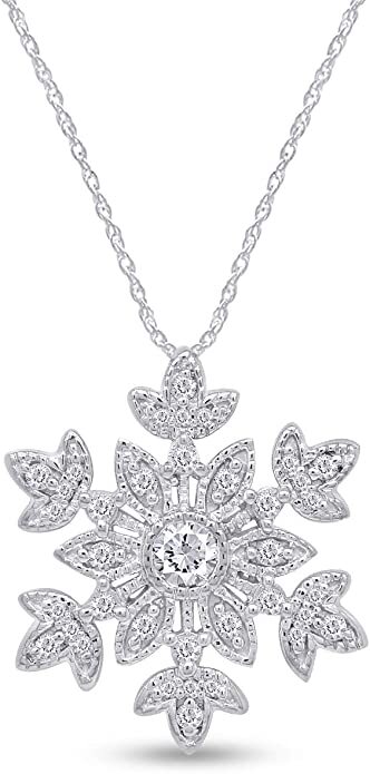 Snowflake Pendant 18″ Necklace Round Simulated Birthstone 14K White Gold Plated