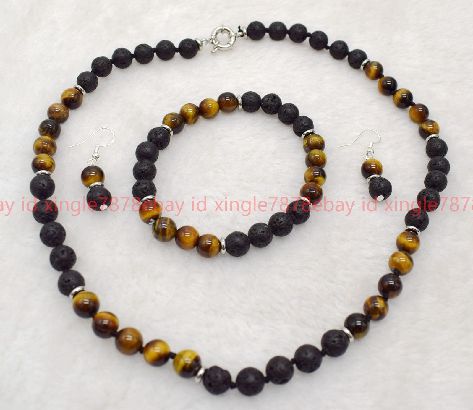 Natural 8mm Tiger’s Eye Lava Gems Round Bead Necklace Bracelet Earring 18/7.5in