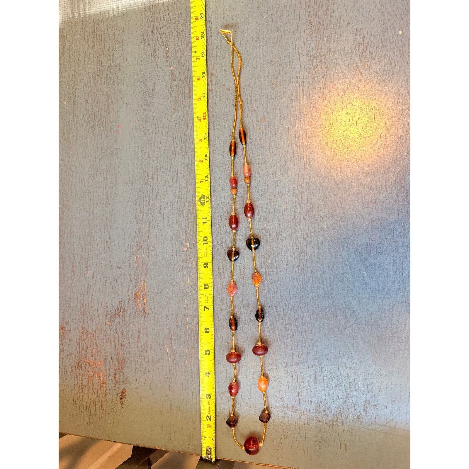 Vintage Earth Tone Beaded Long Necklace Amber Burgundy Gold Seed Bead 40 Inch