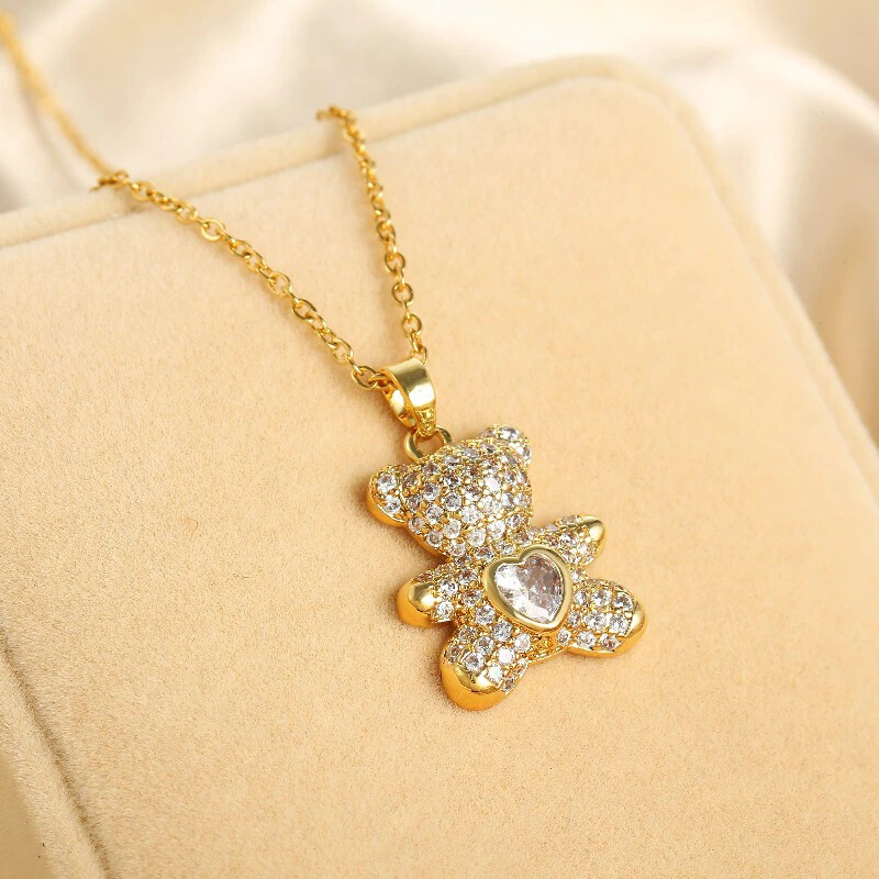 Women’s Fashion Gold Or Silver Teddy Bear Pink Heart Cubic Zircon Necklace 1-264