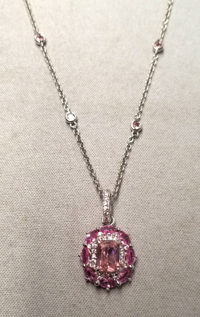 Bomb Party Pink Cubic Zirconia Halo Pendant Rhodium Plated Necklace 18″+2.5″