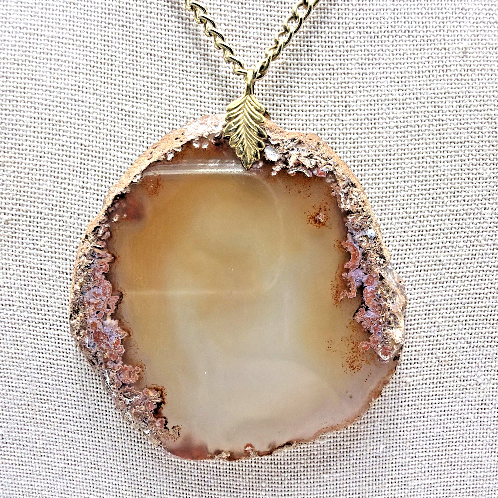 Coffee Colored Agate Slice Pendant Necklace Large Gold Toned Size