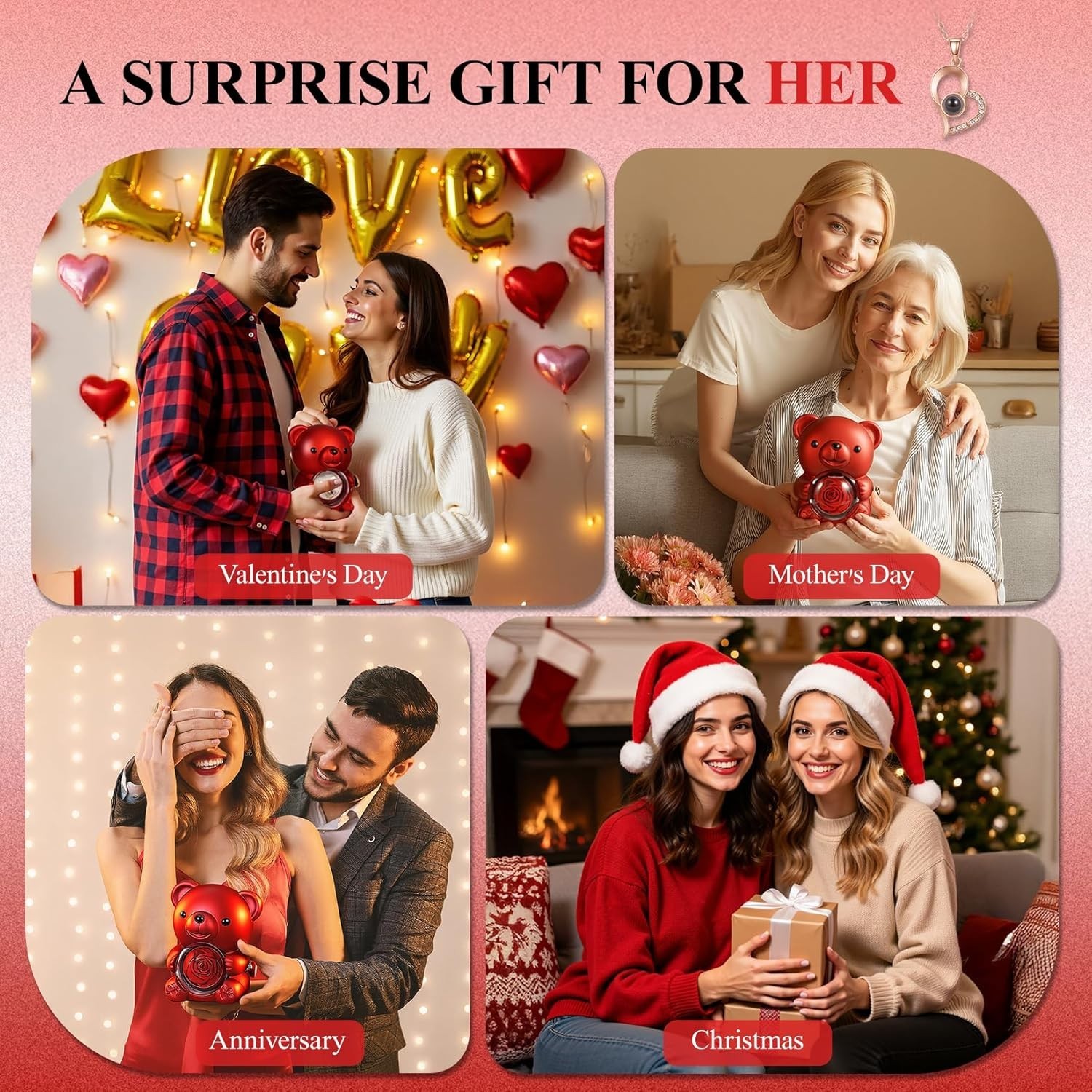 Valentines Day Gifts for Her,Cute Teddy Bear with Preserved Rose,Hidden Surprise