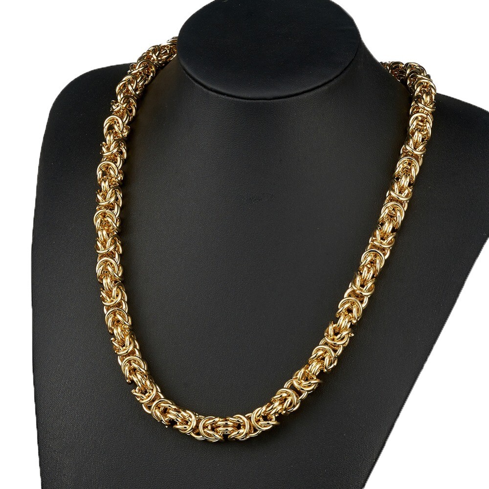 8mm 24” Men Jewelry Gold Stainless Steel Handmade Byzantine Link Chain Necklace