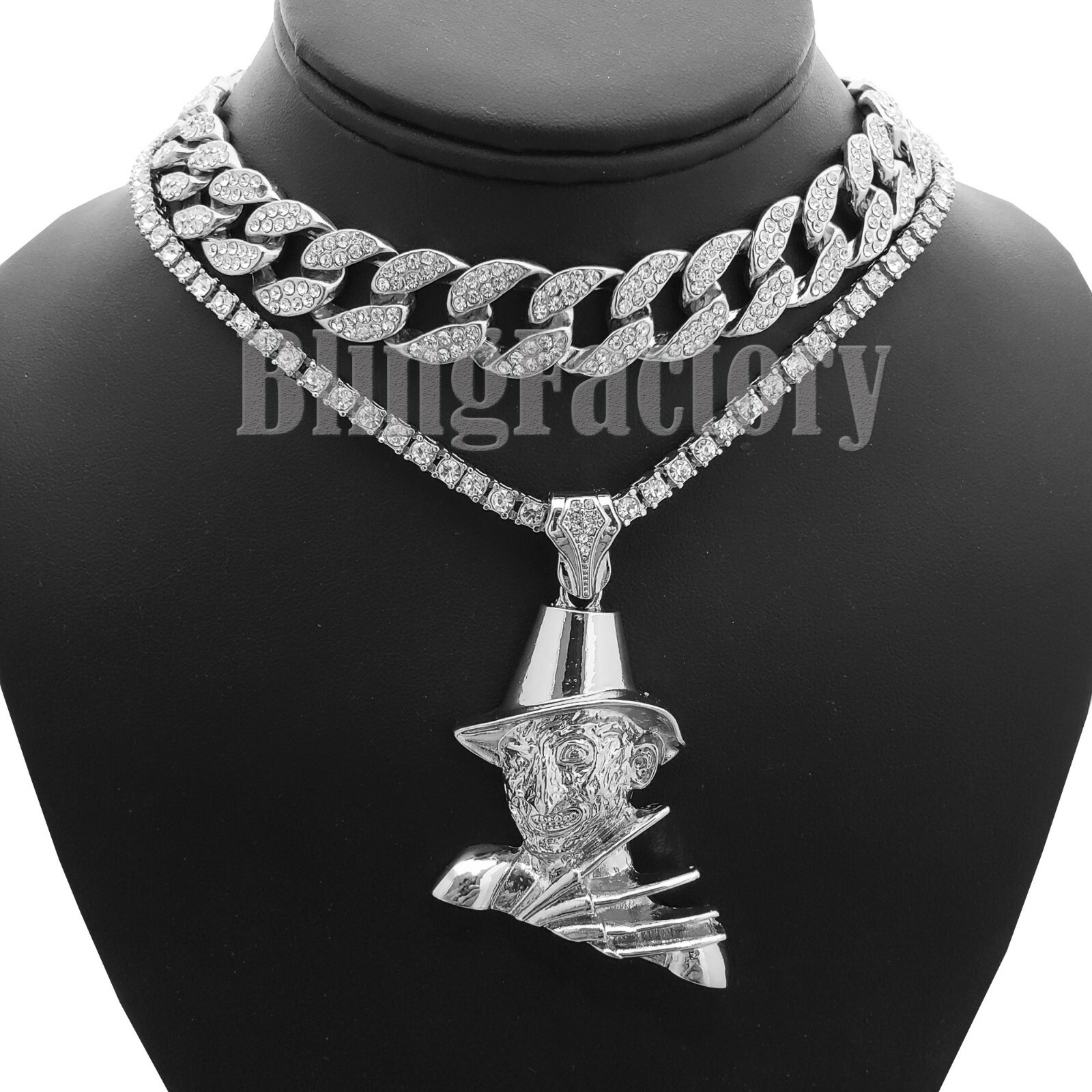 Hip Hop FREDDY KRUEGER pendant & 18″ Iced Cuban & 1 Row Diamond Choker Chain Set