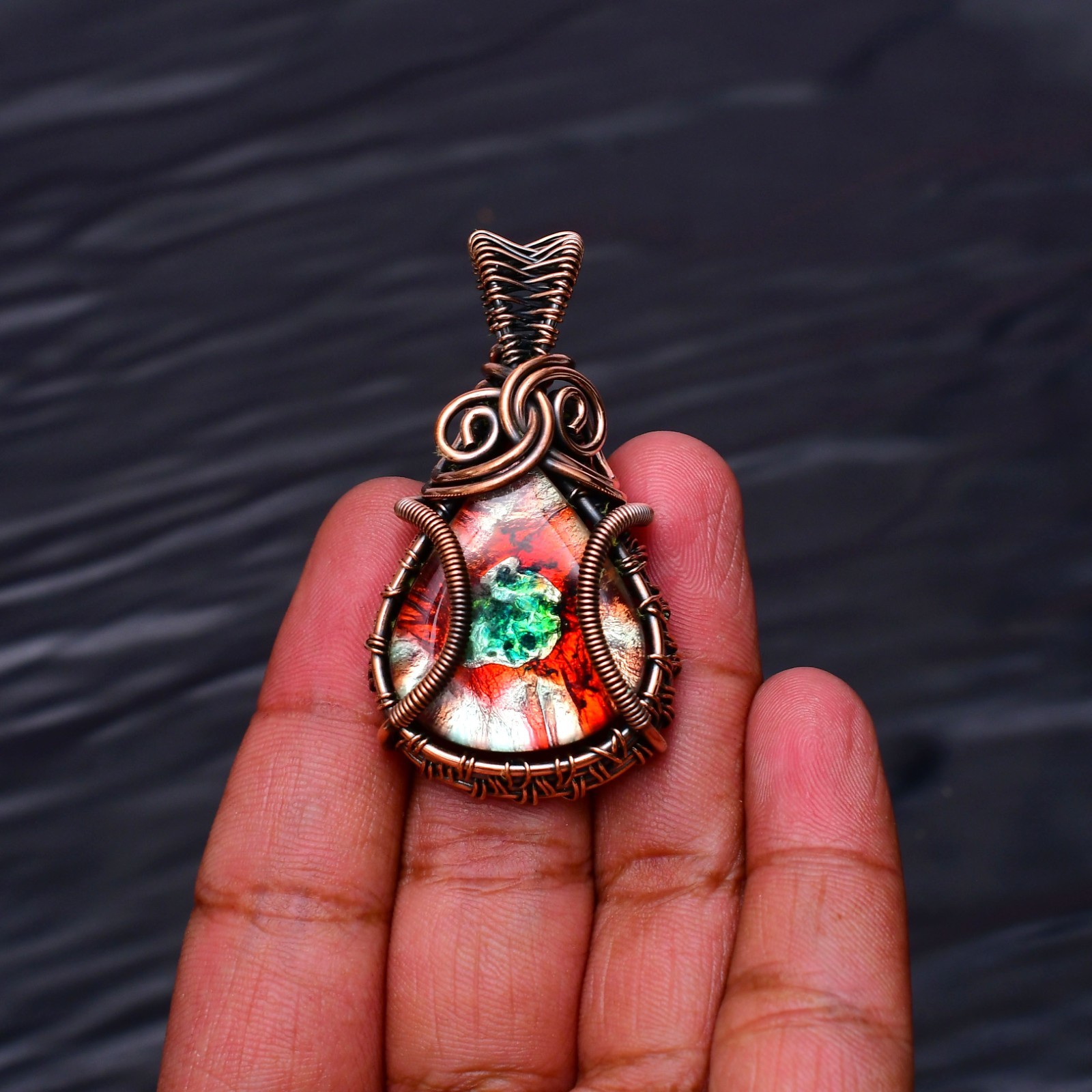 Dichroic Glass Gemstone Copper Wire Wrapped Handmade Jewelry Pendant 2.04″