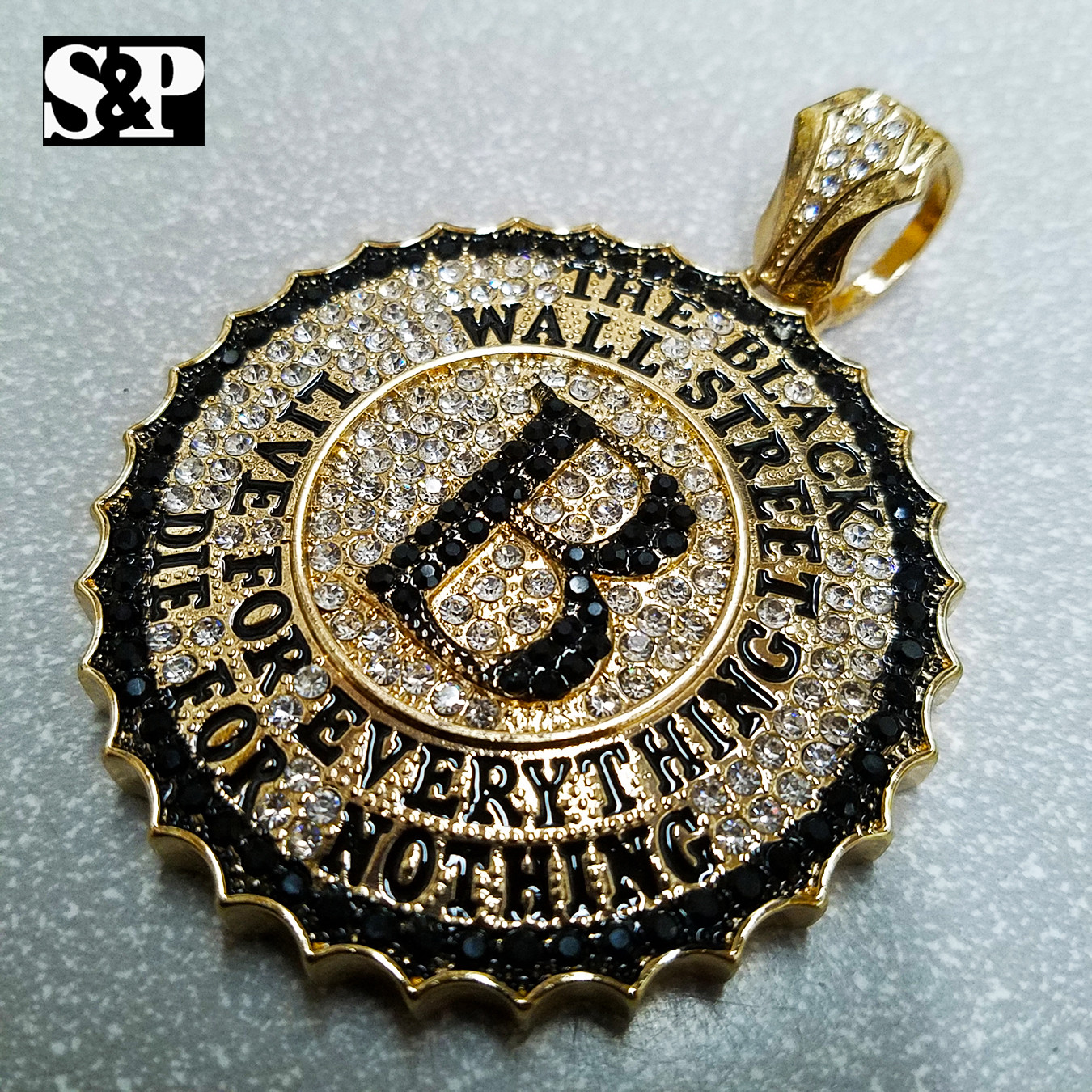 ICED HIP HOP CUBIC ZIRCONIA GOLD PLATED ALLOY THE BLACK WALL STREET PENDANT