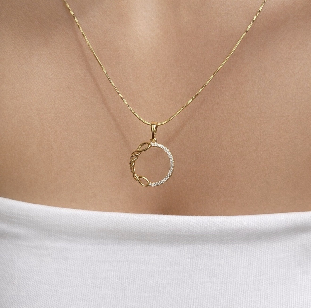 Gold Plated Twisted Circle Pendant Necklace – Pavé Crystal Infinity Round Charm