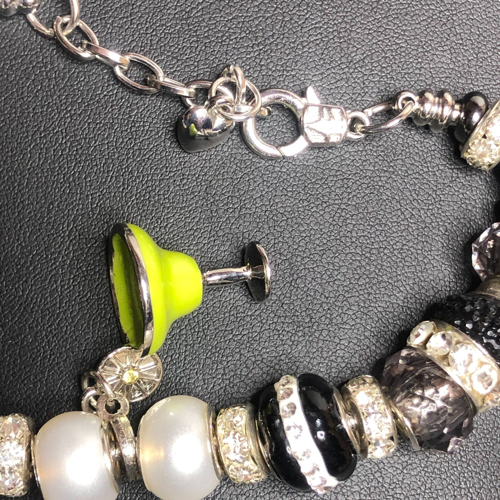 5145 Silvertone slide Charm bracelet Margarita, wine, champange flute 8.5-9″