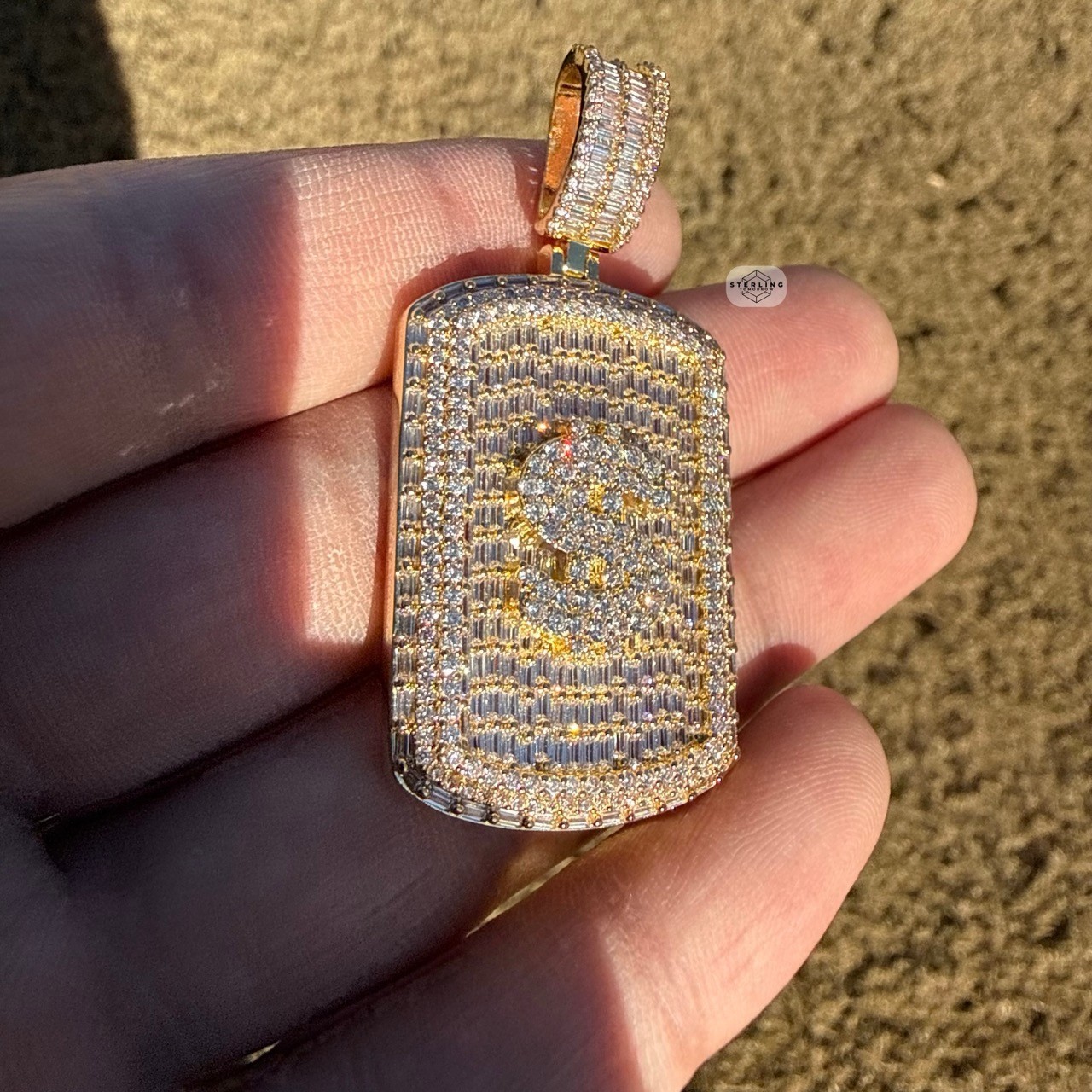14k Gold Plated Iced Money Dog Tag Hip Hop Mens Pendant + Steel Rope Chain