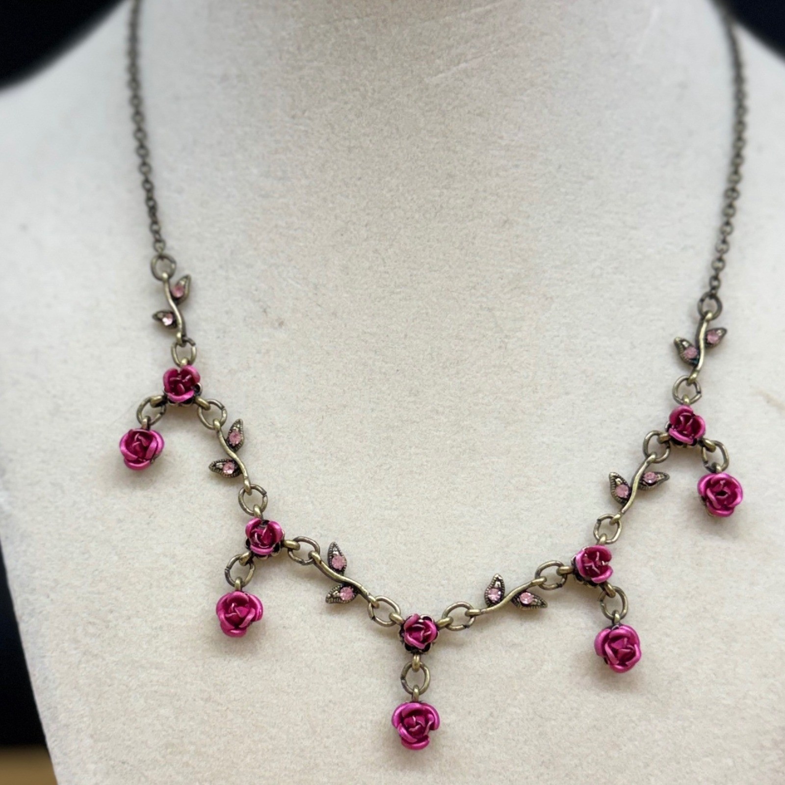 Vintage Style Antique Brass Magenta Rose Vine Rhinestone Floral Drop Necklace