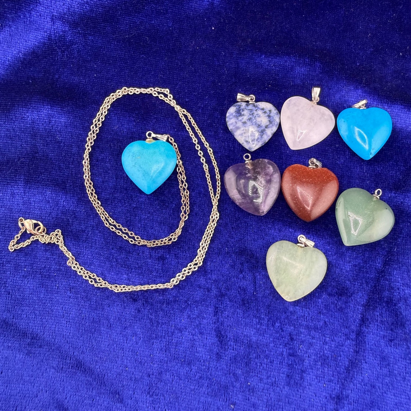 Polished Stone Heart Necklace Interchangeable Pendant set of 8 24”