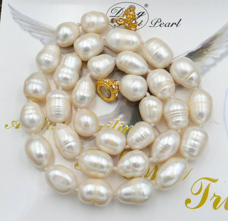 18″ 24″36″ Big 10x(12-14mm) Natural White Rice Baroque Pearl Beads Knot Necklace