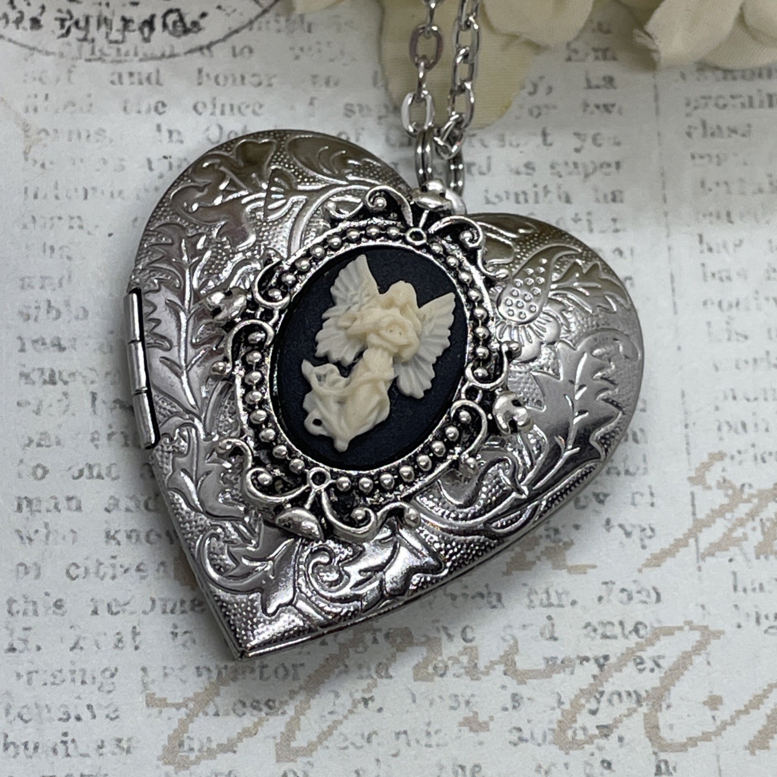 Heart Silver Locket Angel Cameo Mom Love Necklace Photo Bride bridal wedding
