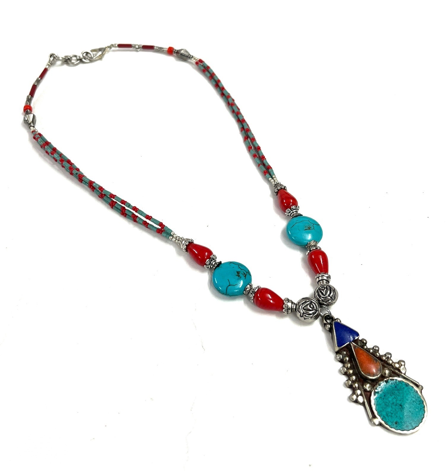 Antique Turquoise Coral Gemstone Tibetan Bohemian Necklace Jewelry, 18 Inc Adjs