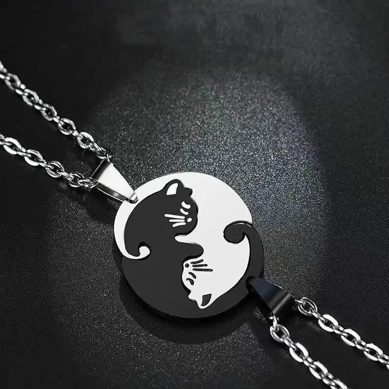 Two Cat Couple Necklaces Jewelry Stainless Steel Black White Kitten Animal Penda