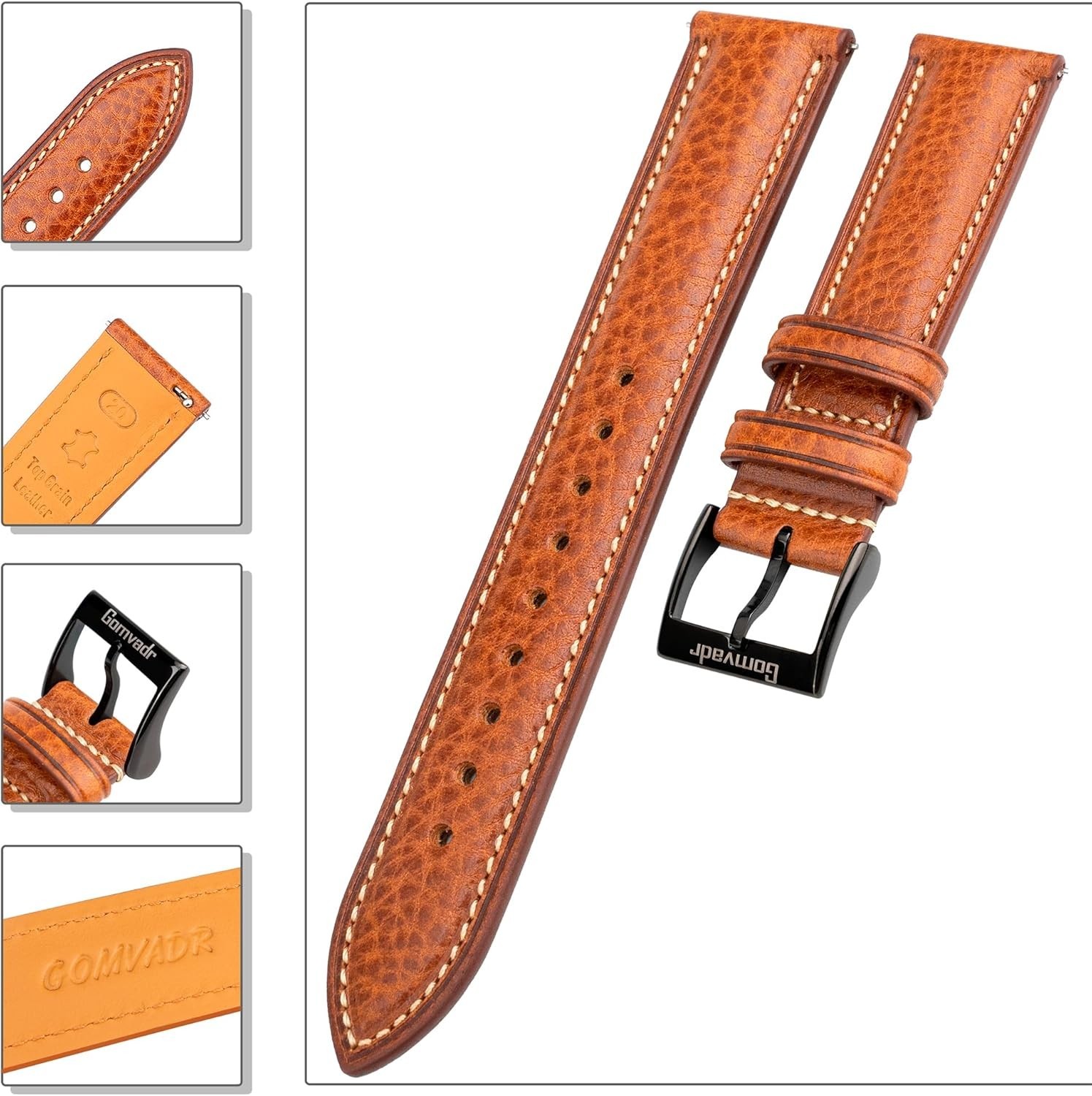 Watch Band Italian Leather Strap 18mm Cognac Silver Buckle Gomvadr Tuscany 18mm
