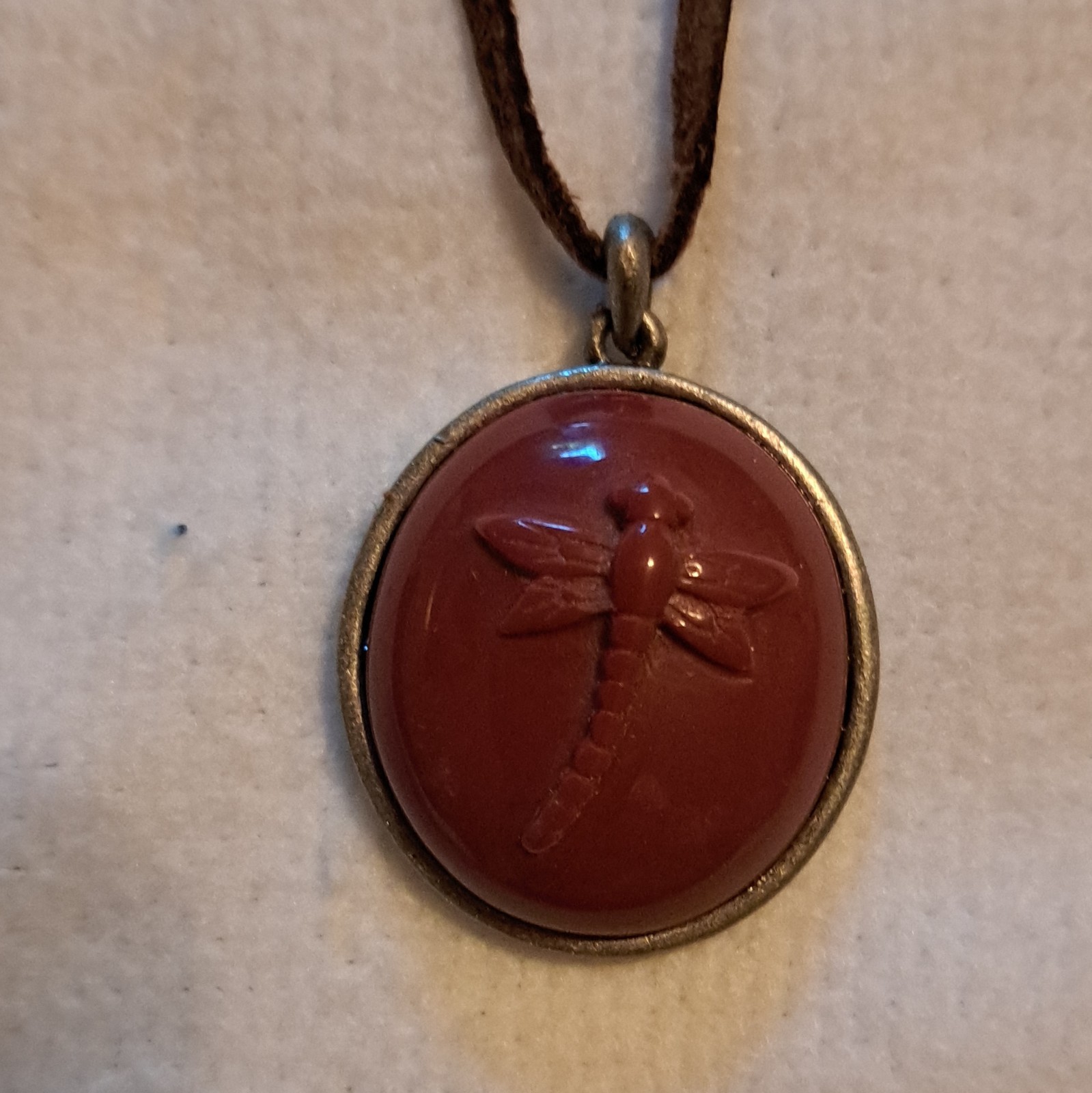 Brown Suede Cord Necklace Round Dragonfly Charm Pendant Toggle 18in Silver