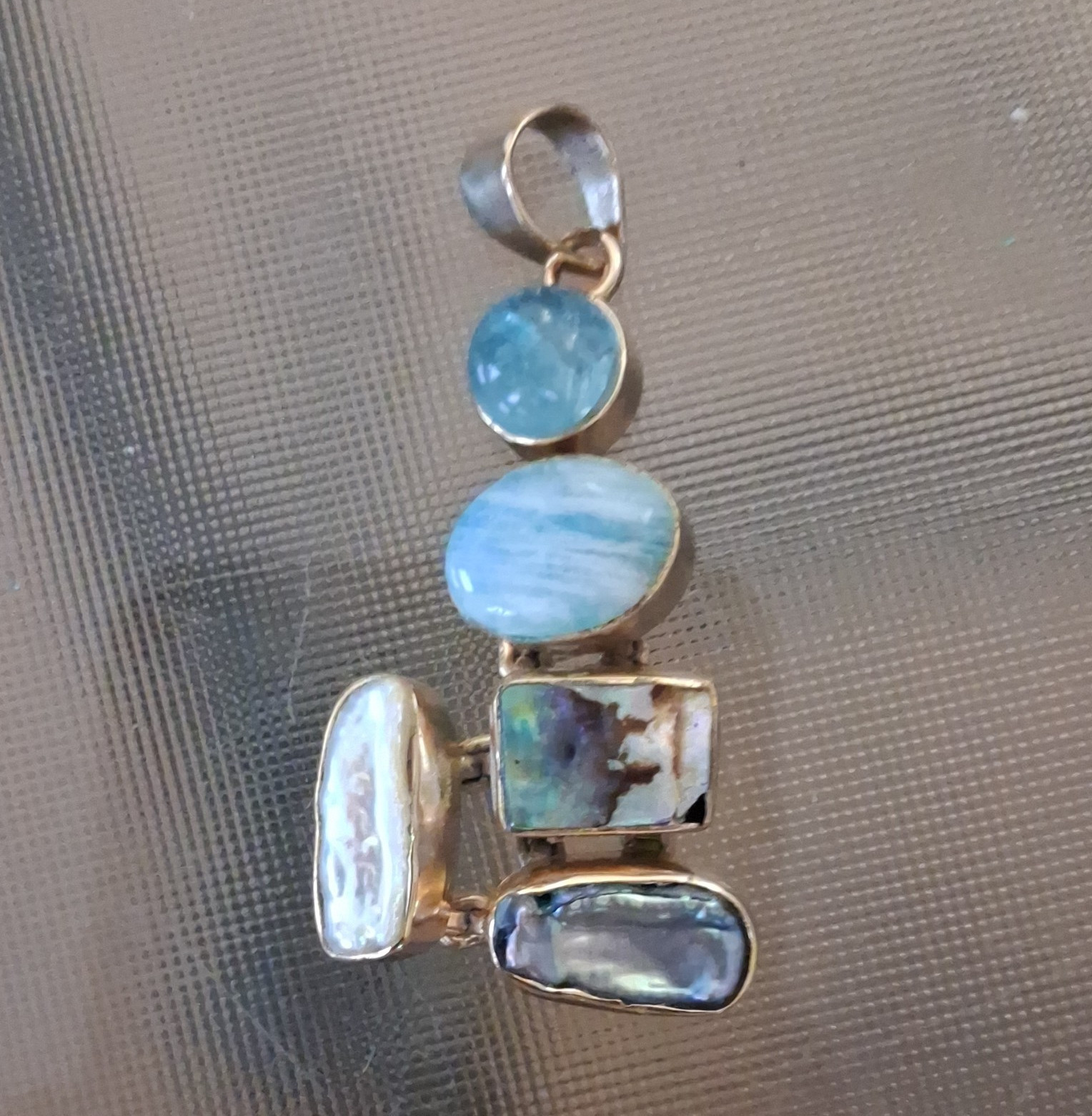 Silver Tone Asymmetrical Charm Pendant w/ Bail Blue & White Cabochon 5 Stone