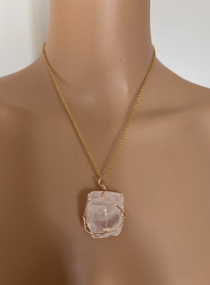 Clear Quartz Energy Healing Crystal Gold-Tone Wire Wrapped Pendant Necklace