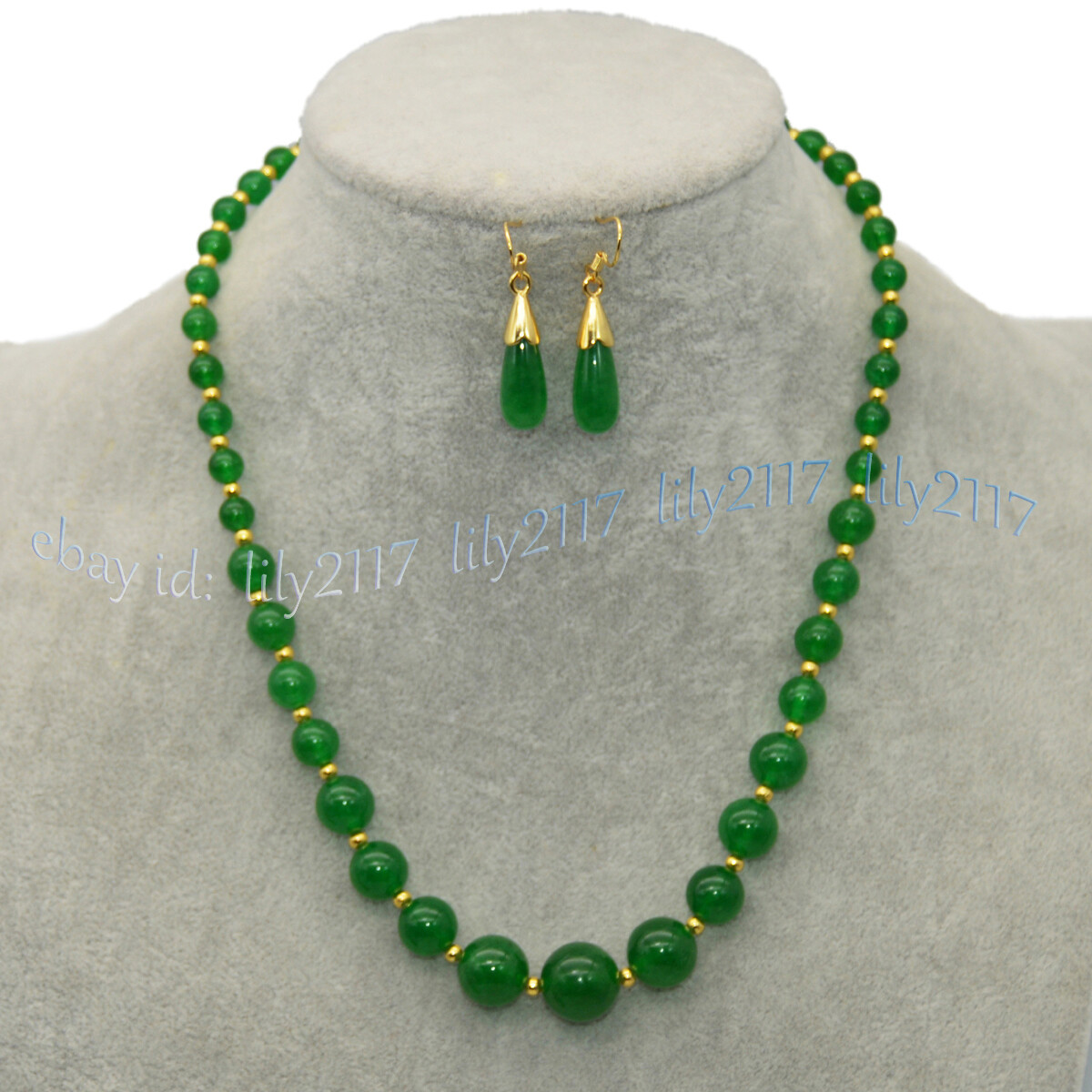 6-14mm Natural Green Jade Round Gemstone Beads Tower Necklace Earrings Set 18”