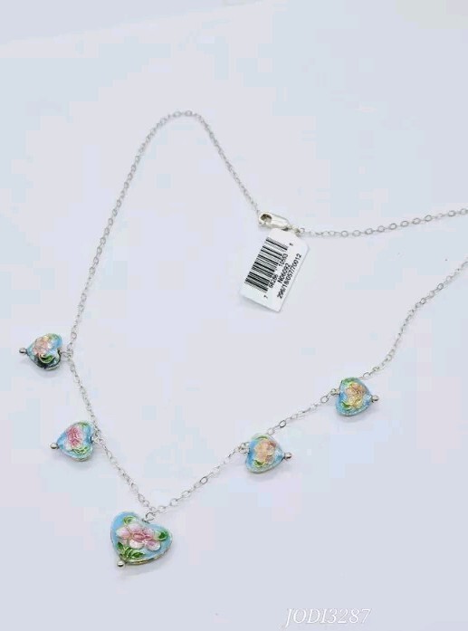 5 Heart Necklace Sterling Silver 925 Enamel Pastel Colors Beautiful 15 in
