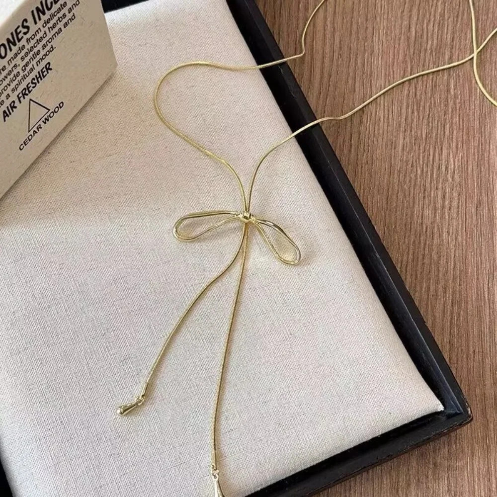 Gold Snake Chain Bow Necklace for Women Long Braided Sweater Chain Jewelery