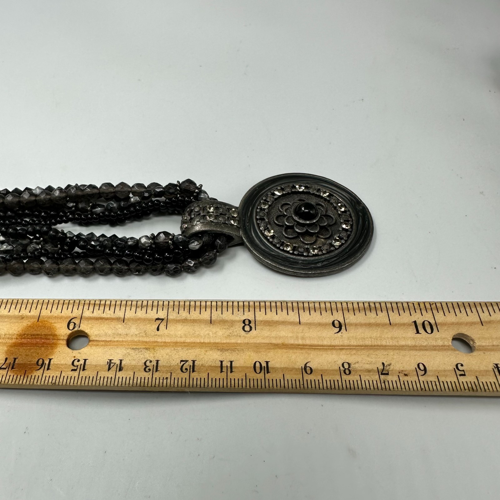Black Grey Beaded Necklace Round Medallion Multistrand Boho Chic Adjustable