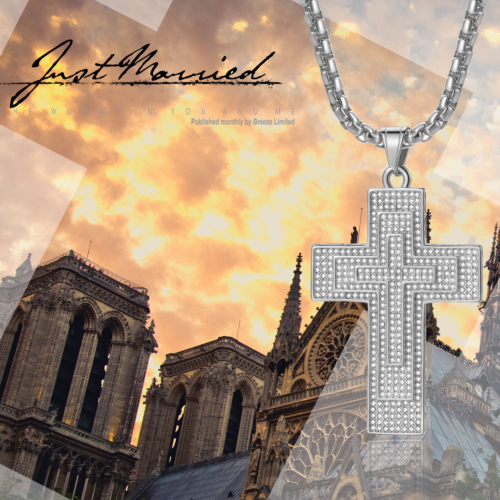 Mens Boys Hip Hop Large CZ Cross Stainless Steel Crucifix Pendant Necklace 22in