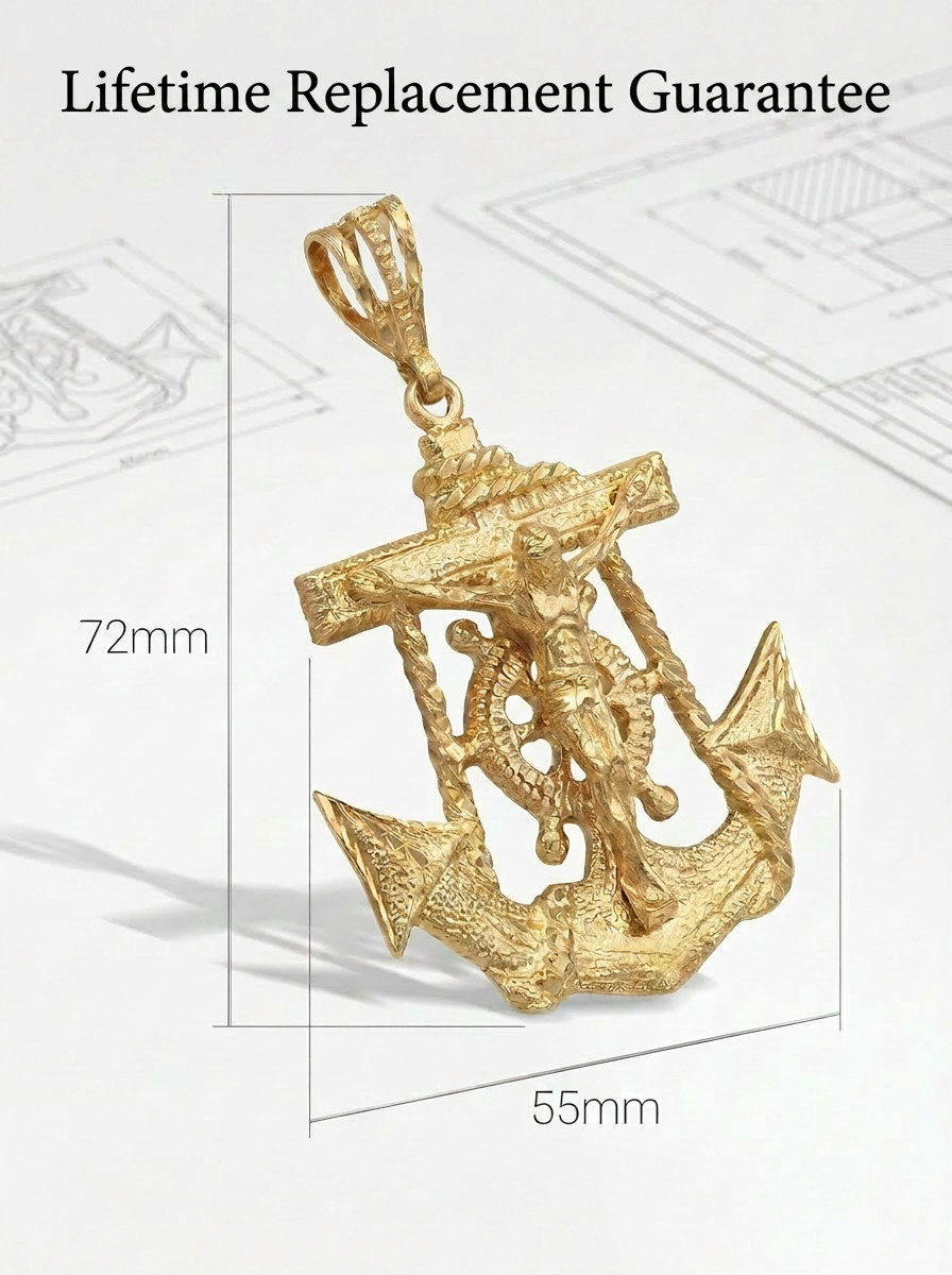 Large Gold Anchor Jesus Necklace 10mm Cuban Chain 14K Heavy Plated Gold