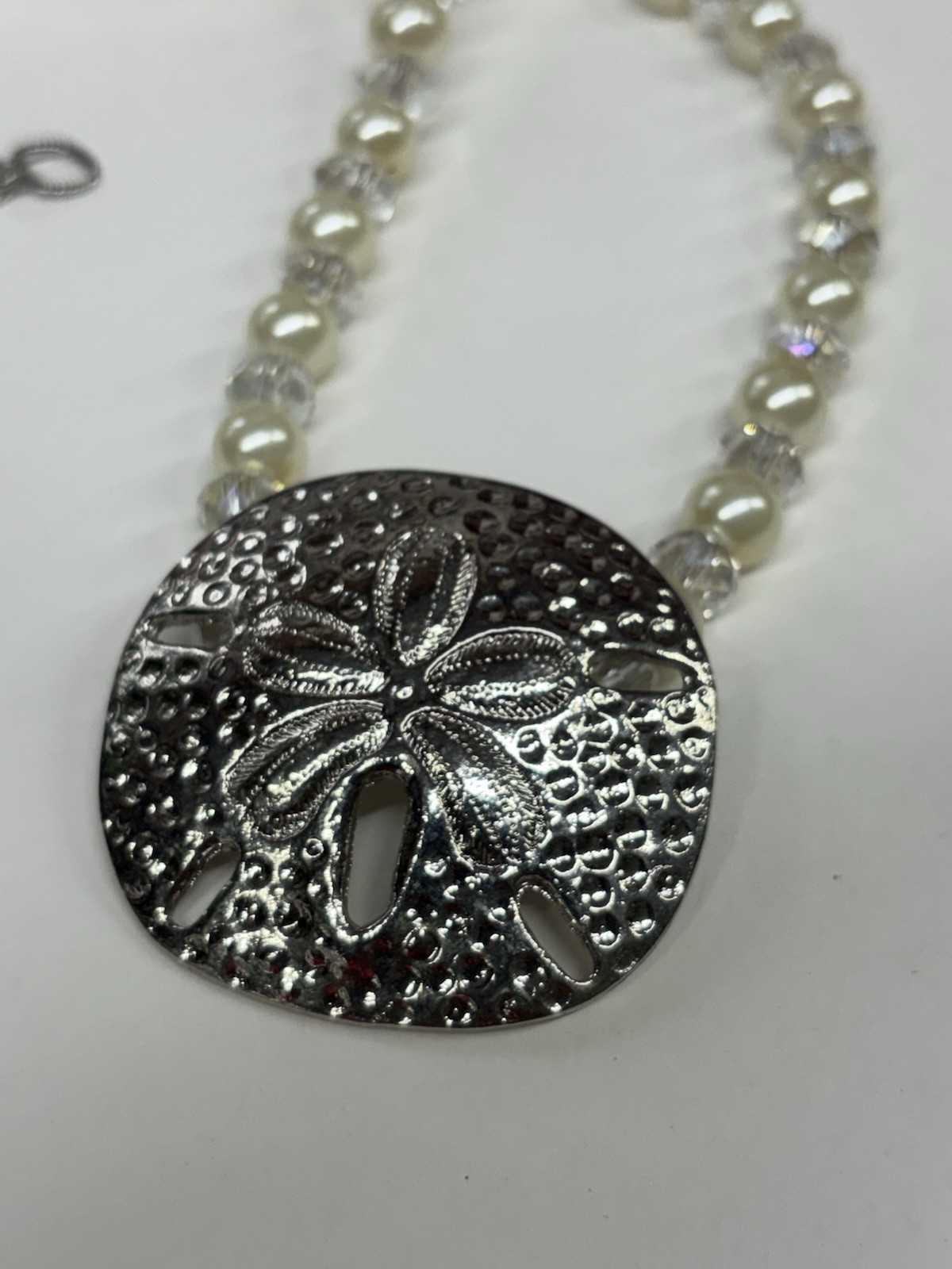 Sand Dollar Silver Necklace 18+3”Pearl Crystal Coastal Sea Life Jewelry NEW