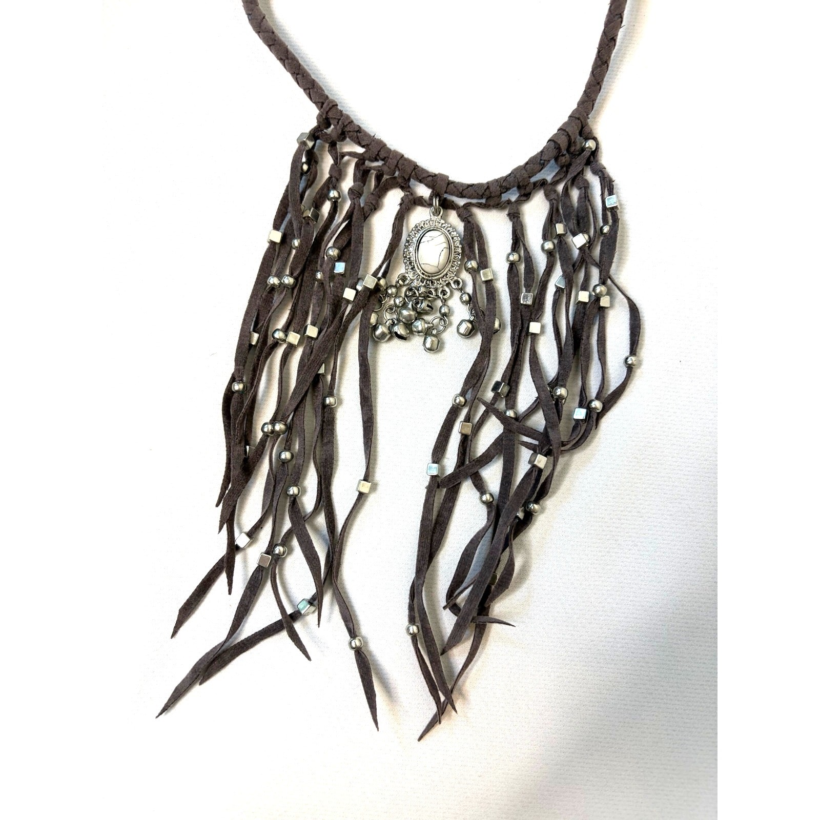 Shyanne Faux Leather Braided Silver Tone Beaded Fringe Western Necklace NEW