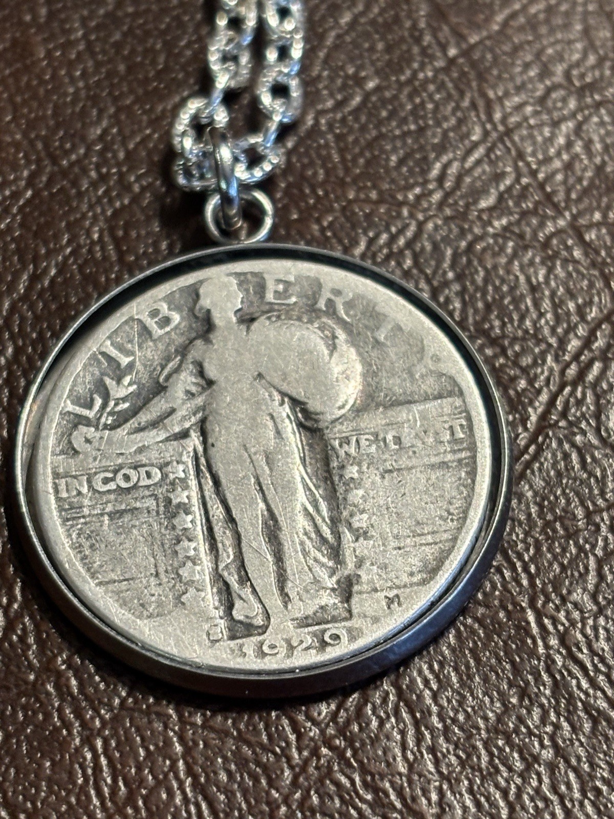 1929 Silver Standing Liberty Quarter Necklace on a Silver Plated Chain