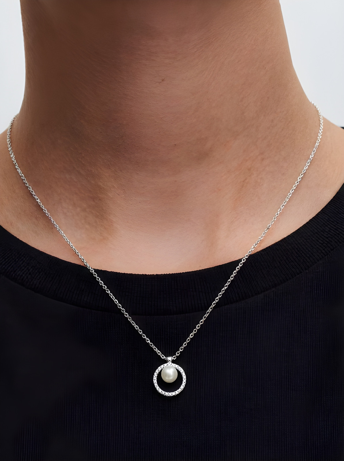 Silver Pearl Circle Necklace CZ Halo Pendant Dainty Gift for Women Bridal