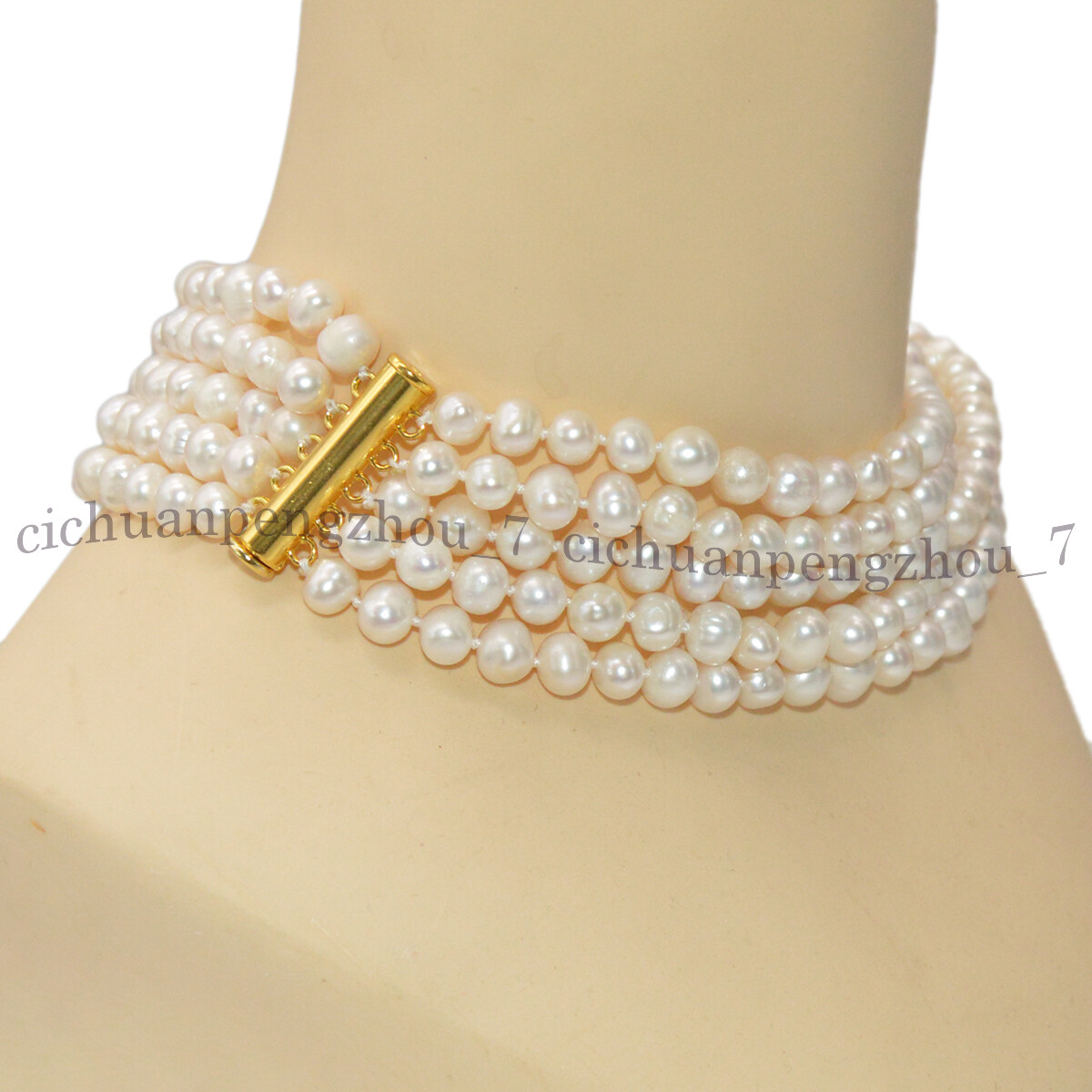 5 Rows Natural 7-8mm White Akoya Cultured Pearl Choker Layered Necklace 14.5”